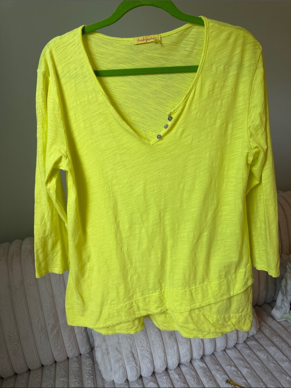 Fresh Produce Neon Lemon Lime 3/4 Sleeve Casual Cotton Tee with Buttons - Large